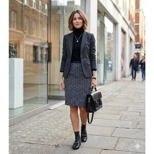Theory Thais Tweedy Uniform Dot Pencil Skirt Black Gray Sz 2 EUC Corporate Chic